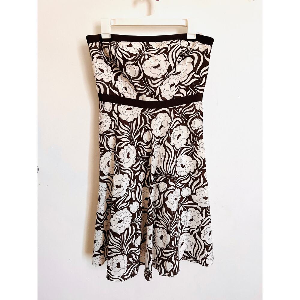 Ann Taylor Petites 8P Brown White Floral Strapless Dress Cotton Silk